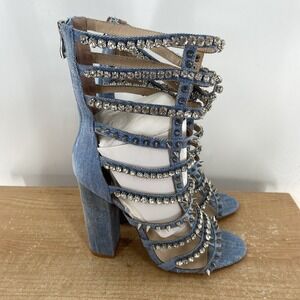 I AM JENNIFER LE Razor Denim Caged Heel Zip Austrian Crystals SZ 39 Nicki Minaj